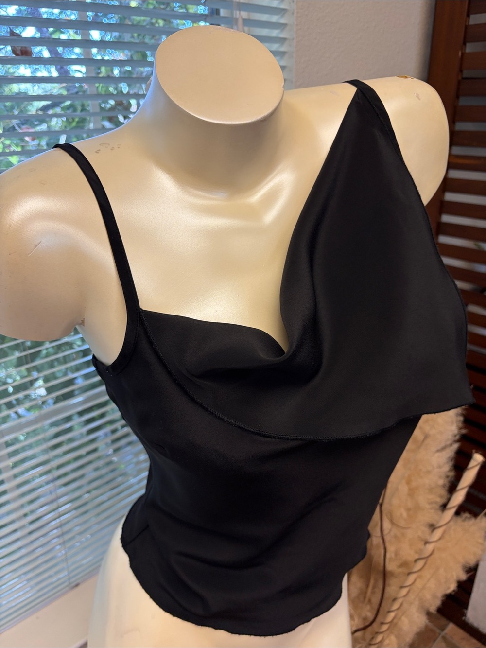 Elegant Black Draped One-Shoulder Cami Top